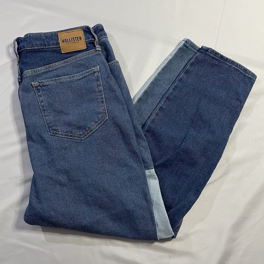 Hollister Patchwork Ultra High-Rise Mom Jeans Blue Colorblock 9R W29 L27 Stretch
